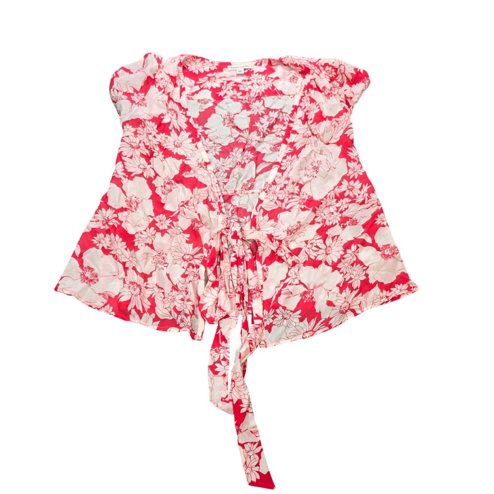 Banana Republic 100% Silk Tie Front Wrap Blouse Women's Size M Pink White Floral